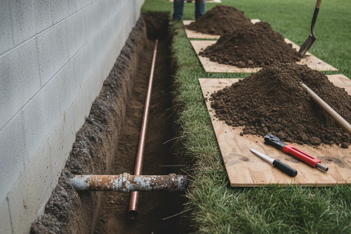 Excavated water line trench during Water Softener Installation in West Lafayette